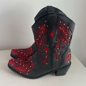 Red and Black Western Rhinestone Booties